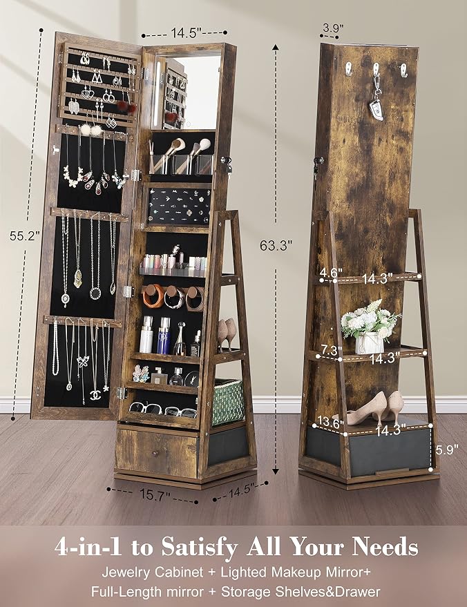 Nicetree 360° Swivel Jewelry Cabinet with Lights, Full Length Mirror | Standing Led Mirror Jewelry Cabinet, Lockable Mirror with Storage, Interior Mirror, Shelves, Flip-over Shelf, Rustic Brown