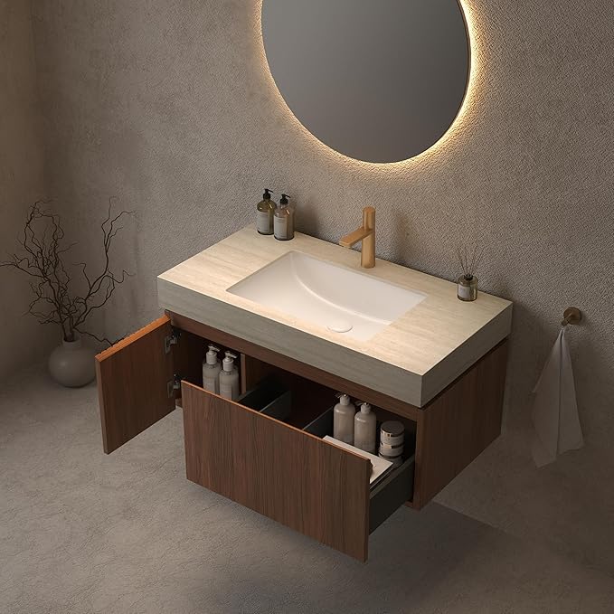 LKTART Floating 36 Inch Bathroom Vanity with Sink, Modern Plywood Wall Mounted Bathroom Storage Cabinet with 1 Door and 1 Drawer, Roma Travertine-Pattern Sintered Stone Countertop and Ceramic Basin
