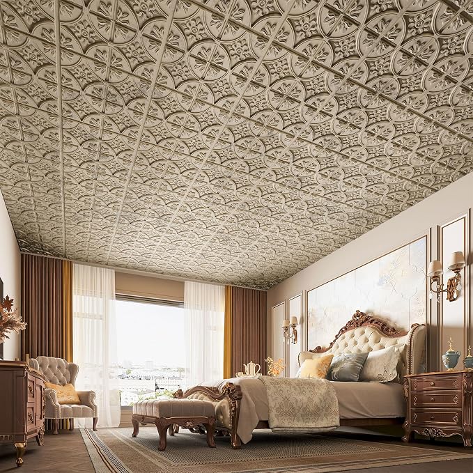 Art3d Fancy Classic Style Drop Ceiling Tiles, 2 x 2 ft, Antique Gold | PVC, Lightweight, Waterproof, Easy to Wipe Clean, Compatible with Grid System, Suitable for Kitchen, Bathroom, Basement