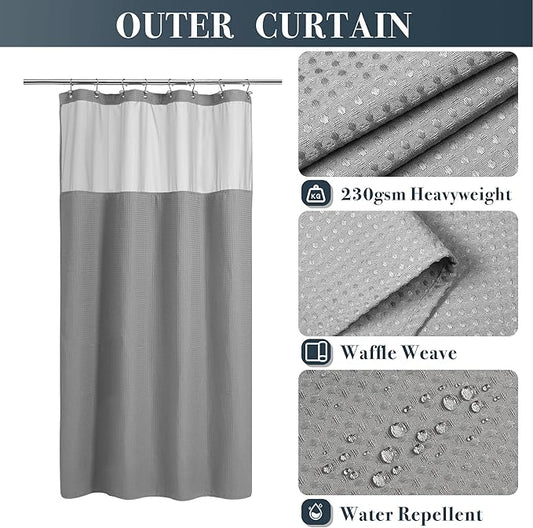 N&Y HOME 48 x 72 Waffle Weave Shower Curtain with Snap-in Liner Set Gray | 12 Metal Hooks Included, Snap on/off Fabric Liner, Hotel Style & Mesh Top Window, Machine Washable, 48x72 Shower Stall Size