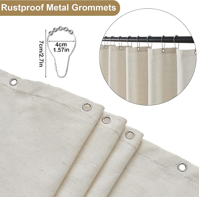 ORTIGIA Scalloped Shower Curtain Linen Textured with Metal Hooks, Waterproof Fabric Neutral Thick Cloth Cute Scallop Shower Curtains with Black Border for Rustic Farmhouse Bathroom Decor 72x72 Inch
