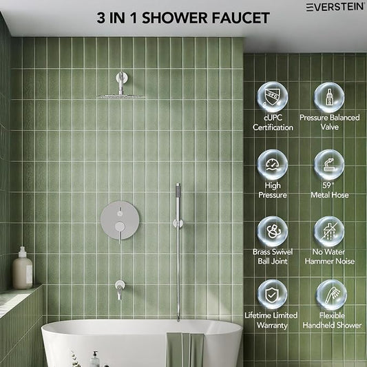 10" High-Pressure Rainfall Shower System with Handheld Spray, Wall Mount Bathroom Shower Faucet Set with Tub Spout (Chrome)