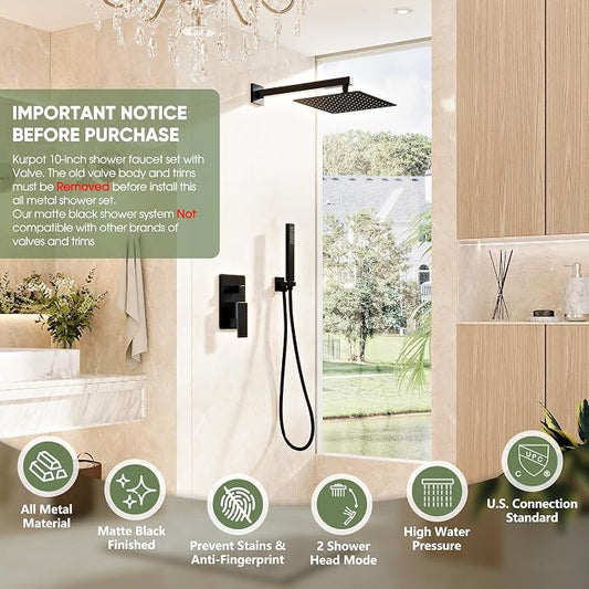 Kurpot Black Shower System, Wall Mounted Shower Faucet Set with Valve, 10-Inch Rainfall Shower Head with Handheld Combo Spray, 59'' Long Shower Hose and Shower Trim Kit, Matte Black