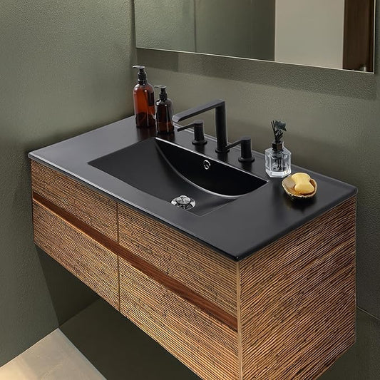 JONATHAN Y Ancillary 36" Bathroom 3-Hole Sink Top, Black | Ceramic Vanity, 18.25" Rectangular Single Basin, Matte Finish, 8" Centerset Faucet Holes, Overflow Drain, Contemporary Style