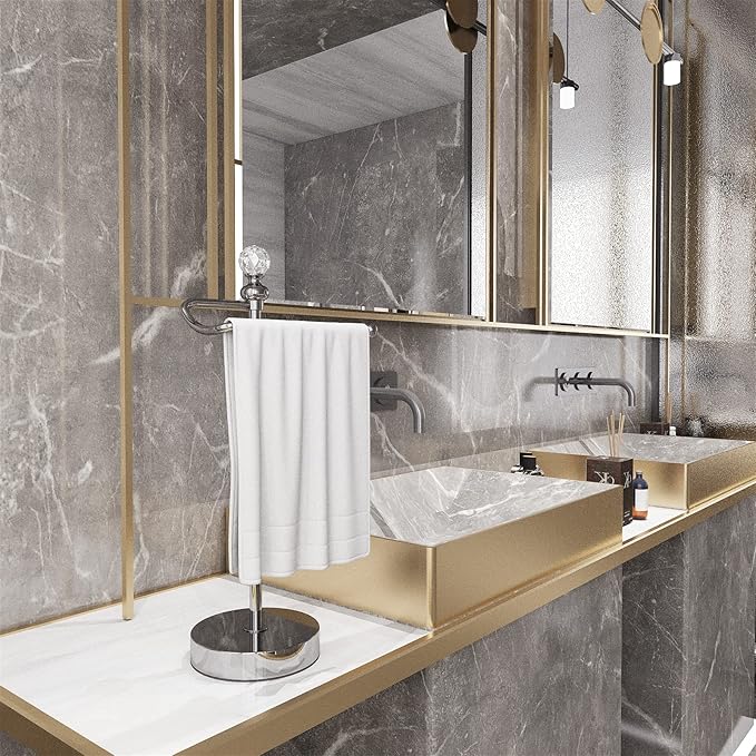ROLABAM Bath Hand Towel Holder Standing, Stainless Steel Stable Free-Standing Towel Bar for Bathroom Kitchen Countertop, Rustic Towel Ring Stand with Crystal Ball 15.7” H (Polished Chrome, 2 Pack)