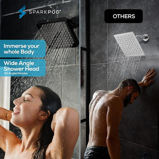 SparkPod Rain Shower Head, 8 Inch Square, Midnight Black Matte Finish | High Pressure Shower Heads, 90 Nozzles, Adjustable Showerhead, No Tools Needed, Universal Connection