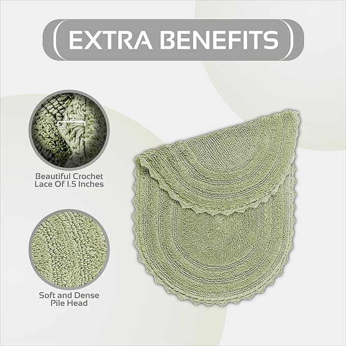 Better Trends 2 Piece Lilly Crochet Oval Rug (20x20 | 20x32 Oval) Bath Mat Toilet Rugs U Shaped 100% Cotton Soft Reversible Water Absorbent Washable for Bathroom Decor Contour Sage