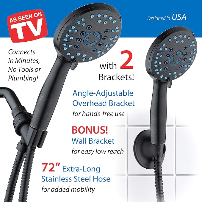 Hotel Spa AquaCare High Pressure 8-mode Handheld Shower Head, Anti-clog Nozzles - Built-in Power Wash to Clean Tub, Tile & Pets, Extra Long 6 ft. Stainless Steel Hose, Wall & Overhead Brackets | Stay Clean Nozzles, Dual Power Wash for Tub, Tile & Pets,...
