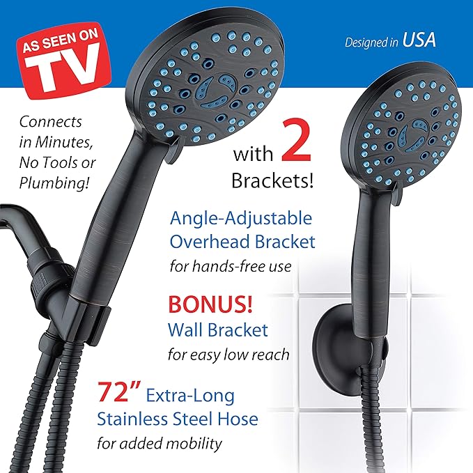 AquaCare 8-mode High Pressure Handheld Shower Head with 2-mode Power Wash | Stay Clean Nozzles, Dual Power Wash for Tub, Tile & Pets, Long 6 ft. Stainless Steel Hose, Wall & Overhead Brackets / Bronze