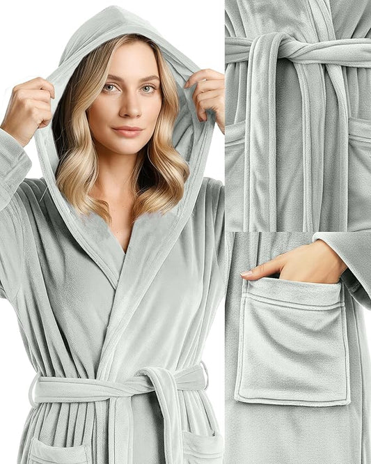 NY Threads Women's Fleece Hooded Bathrobe Plush Long Spa Robe, Medium