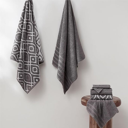 Modern Threads Classic Diamond 6-Piece 100% Cotton Towel Set – Yarn Dyed Jacquard – Includes 2 Bath Towels, 2 Hand Towels, 2 Washcloths – Absorbent, Quick Dry, Soft & Durable – Gray