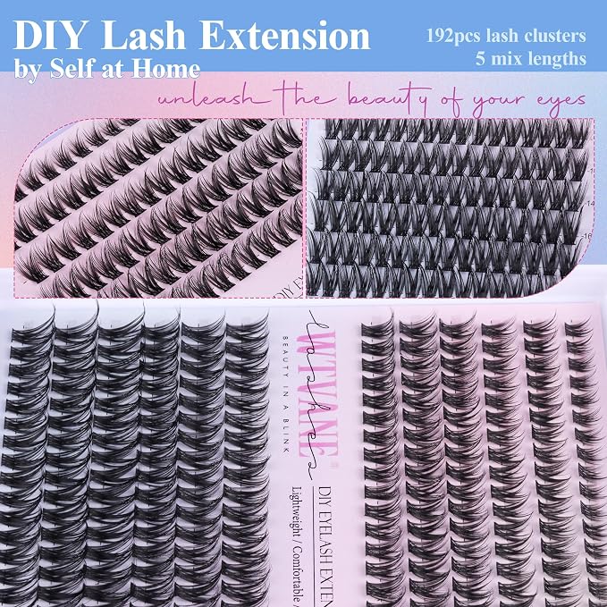 Fairy Lash Clusters Kit Wispy Eyelash Clusters DIY 8-16mm Manga Lash Clusters Eyelash Extension Kit 192pcs Individual Lashes Natural Lash Extension Kit with Lash Bond and Seal, Lash Tweezers by Wtvane