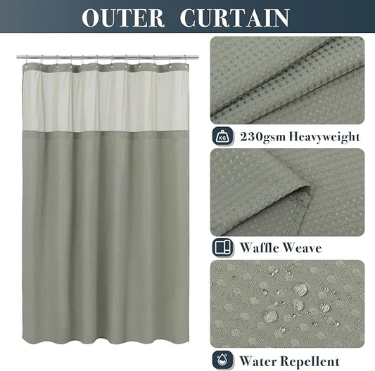 N&Y HOME Extra Long Waffle Shower Curtain with Snap-in Liner Sage, 71x84 | 12 Hooks & Snap on Fabric Liner, Washable, Mesh Window, Hotel Style, 84 inches Length Sage Shower Curtain Set for Bathroom