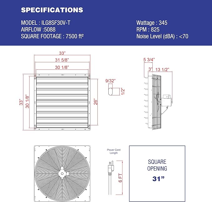 iLIVING 30" Wall Mounted Shutter Exhaust Thermostat Control-2 Speeds Vent Fan For Home Attic, Shed, or Garage Ventilation, 5088 CFM, 7500 SQF Coverage Area, Silver (ILG8SF30V-T)