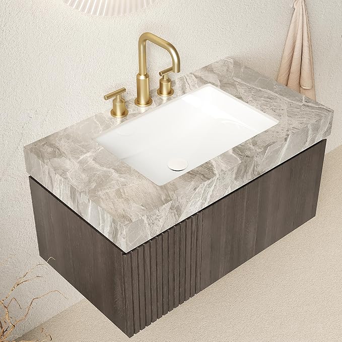 36" Floating Bathroom Vanity with Sink, Modern Plywood Storage Cabinet with Drawer and Door, Light Gray Sintered Stone Top and 3 Pre-drilled Faucet Holes Ceramic Basin, Pre-Assembled, Espresso