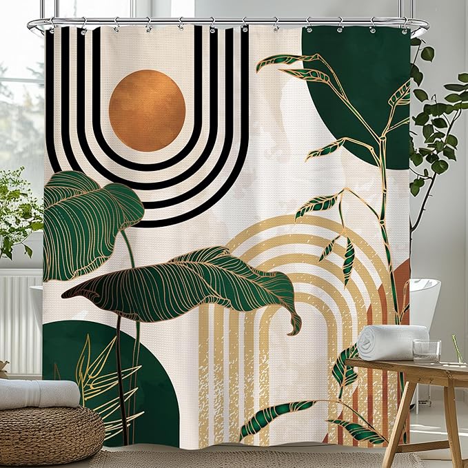 Glawry Waffle Green Shower Curtain Boho Abstract Mid Century Tropical Palm Tree Sun Arch Bathroom Modern Minimalist Aesthetic 72Wx72L Inches Bath Accessories Art Home Decor Fabric 12 Pack Hooks