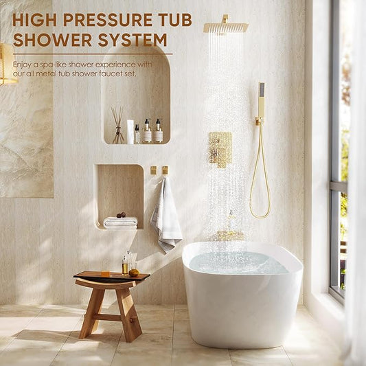 Brushed Gold Tub Shower Faucet Set with 12"Rain Shower Head | All Metal Shower System with Tub Spout,Gold Shower Head and Handheld Combo Set, Bathroom tub Shower Faucet Set with Valve