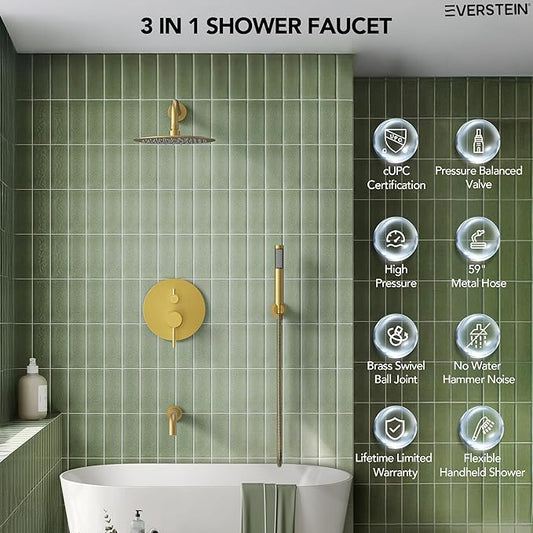10" High-Pressure Rainfall Shower System with Handheld Spray, Wall Mount Bathroom Shower Faucet Set with Tub Spout, Brushed Gold (Valve Included)