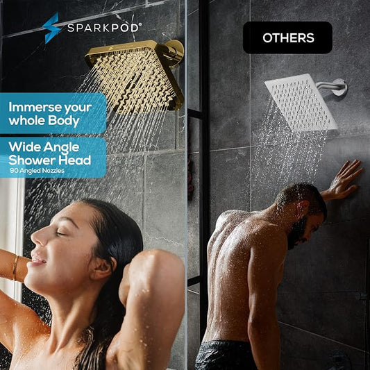 SparkPod Rain Shower Head, 8 Inch Square, Egyptian Gold Finish | High Pressure Shower Heads, 90 Nozzles, Adjustable Showerhead, No Tools Needed, Universal Connection