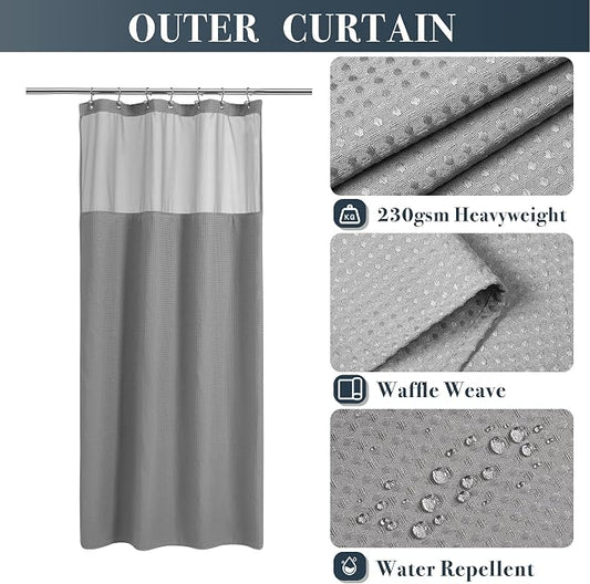 N&Y HOME Stall Waffle Weave Shower Curtain with Snap-in Liner Gray 36x72 | 12 Hooks & Snap on Fabric Liner, Washable, Mesh Window, Hotel Style, 36 x 72 Small Shower Stall Size Curtain Set for Bathroom
