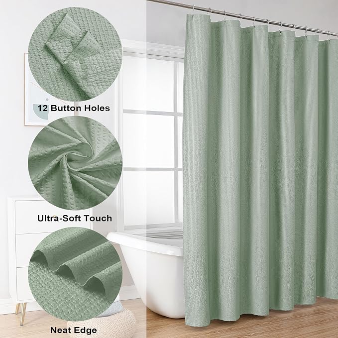 Berry Sage Green Shower Curtain - 3D Embossed Textured Shower Curtains for Bathroom, Boho Waffle Green Shower Curtains, Luxury Hotel Cloth Bath Curtain for Bathroom, 72Wx72H, Sage Green