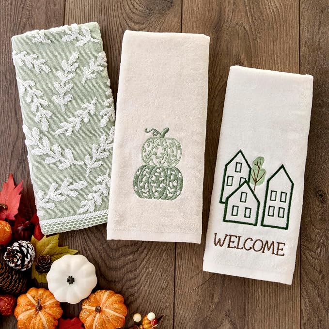 SKL Home Fall/Thanksgiving Scroll Pumpkin Hand Towel Set-2pc, Natural | 100% Cotton. Soft, embroidered velour. Great for use in the bathroom, kitchen or bar. Fun for Friendsgiving & gifting.