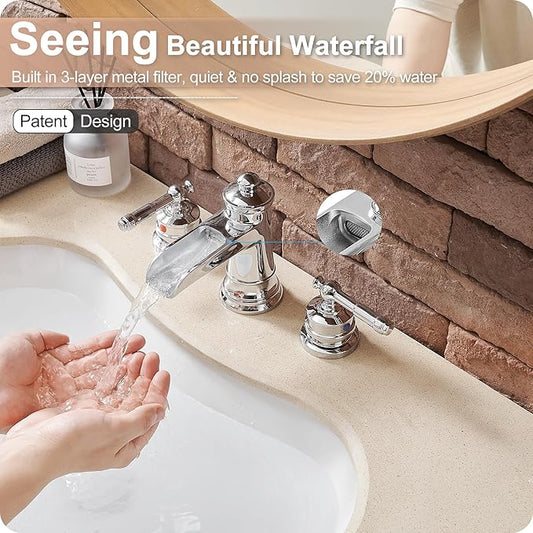 Chrome Widespread Waterfall Bathroom Faucet, Brass 3 Hole Bathroom Sink Faucet 4-16 Inch, 2 Handles with Supply Hose & Overflow Pop-Up Drain for Modern