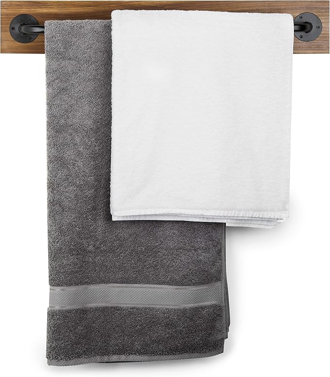 MyGift Industrial Pipe Towel Bar, 28" Burnt Wood Wall Mounted Towel Rack | Farmhouse Rustic Hanging Storage For Washcloths Bathroom Kitchen Laundry Iron Fixture Vintage Modern Home Organization