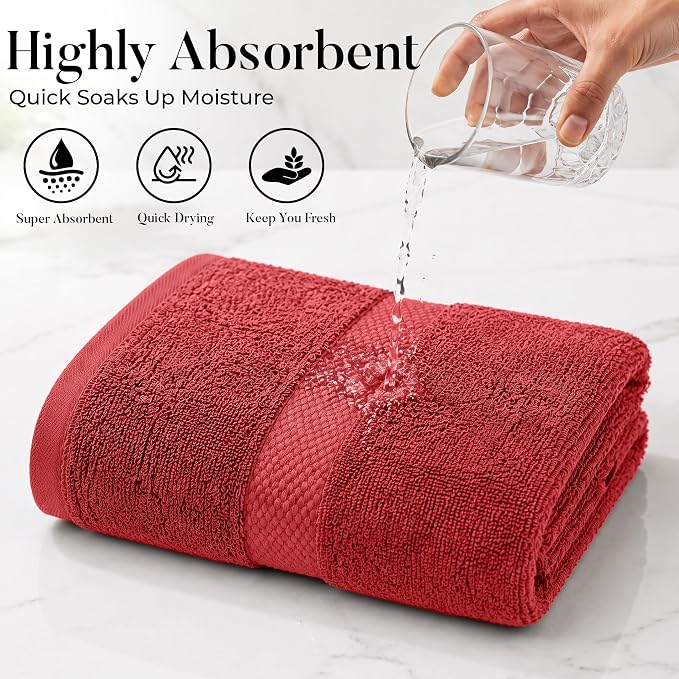DAN RIVER 600 GSM Cotton Large Bath Towels Set of 4, 27 x 54 Inches, Red | Larger & Lighter Weight Towels for Bathroom - Highly Absorbent & Quick Dry 100% Cotton Bath Towel Set for Home, Spa & Hotel