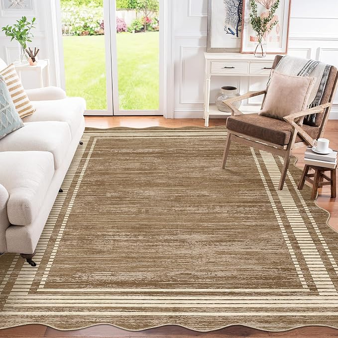 GarveeHome Scalloped 5x7 Rugs Washable Area Rugs for Living Room, Modern Bordered Solid Rug for Bedroom, Abstract Scalloped Non-Slip Stain Resistant Carpet for Dining Room Home Office Dorm, Brown