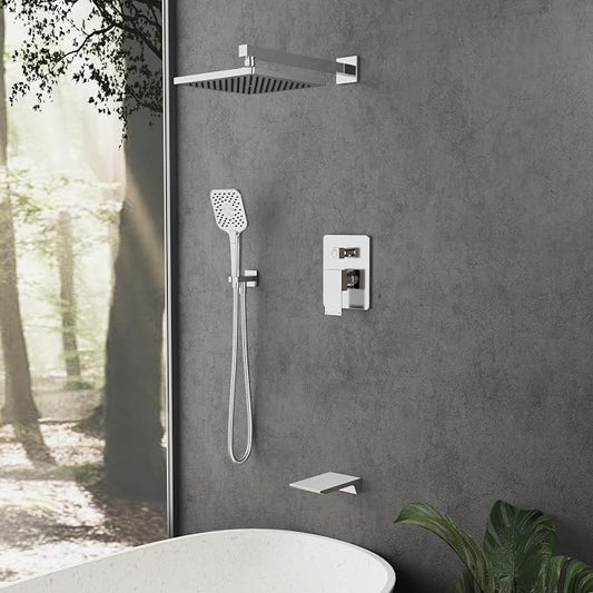 Gabrylly Shower System with Tub Spout, Wall Mounted Tub Shower Faucet Set for Bathroom with High Pressure 10" Rain Shower head and 3-Setting Handheld Shower Head Set,Chrome