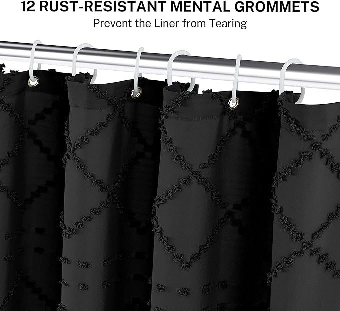Extra Long Black Textured Boho Shower Curtain with Tassels 72 x 78 Tufted Chevron Striped Chenille Woven Fabric Cloth Shower Curtain Modern Farmhouse Minimalist, Shabby Chic Home Decor for Bathroom