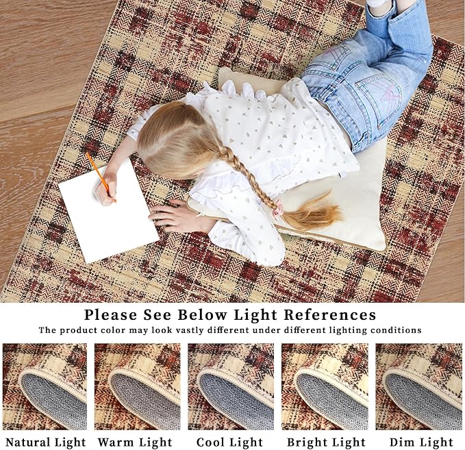 Washable Rugs Runner Rug 2x6 Modern Plaid Area Rug Soft Carpet 2'x6' Red