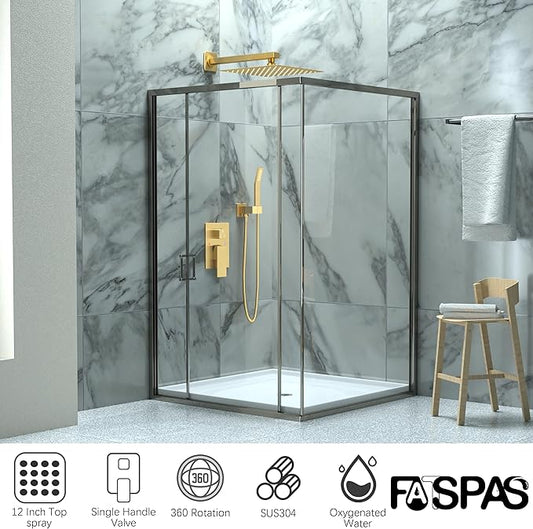 Shower Faucet Set, Shower System with 12 Inch Rain Showerhead and Handheld Shower, Wall Mounted High-Pressure Showerhead Combo Set Included Valve and Trim, Brushed Gold