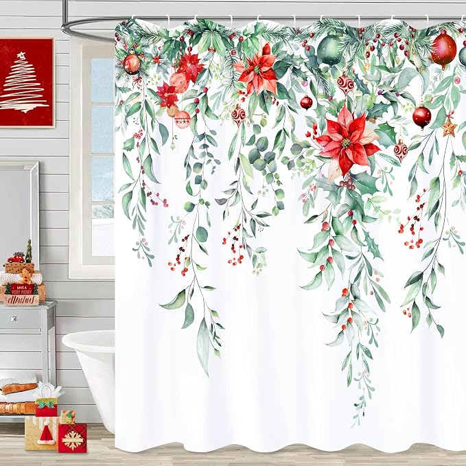 Christmas Shower Curtain Set Xmas Holly Shower Curtains Waterproof Fabric Bath Curtains with 12 Hooks for Winter Christmas Holiday Home Bathroom Decor, 72 x 72 Inches
