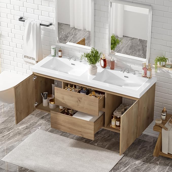 SOFTSEA 60" Double Sink Bathroom Vanity, Floating Bathroom Cabinet with 2 Storage Drawers & Soft Close Doors, Modern Wall Mounted Double Vanity with SMC Sink, Wood