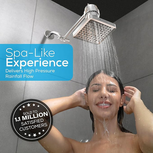 SparkPod Rain Shower Head, 6 Inch Square, Luxury Polished Chrome Finish | High Pressure Shower Heads, 90 Nozzles, Adjustable Showerhead, No Tools Needed, Universal Connection