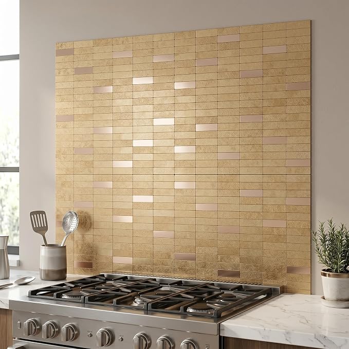XUANINY Peel and Stick Tile Backsplash Self- Adhesive Wall Tiles Aluminum Mosaic Sticker for Kitchen (11.33"x11.92" Per Sheet, Pack of 5 pcs) (Golden Yellow 5)