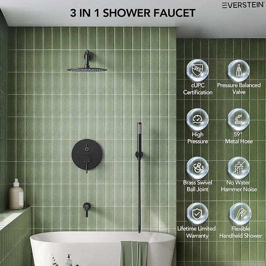 10" High-Pressure Rainfall Shower System with Handheld Spray, Wall Mount Bathroom Shower Faucet Set with Tub Spout (Matte Black)