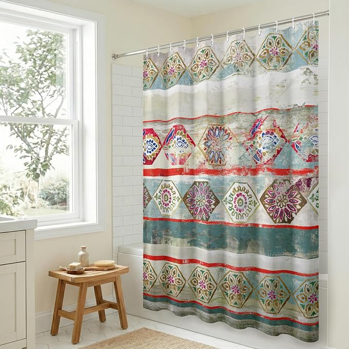 Americanflat 71x74 Boho Shower Curtain - Water-Resistant Long Shower Curtain with Durable Metal Grommets and 12 Hooks - 100% Polyester - Turquoise, Rust Red, Magenta and Olive Green