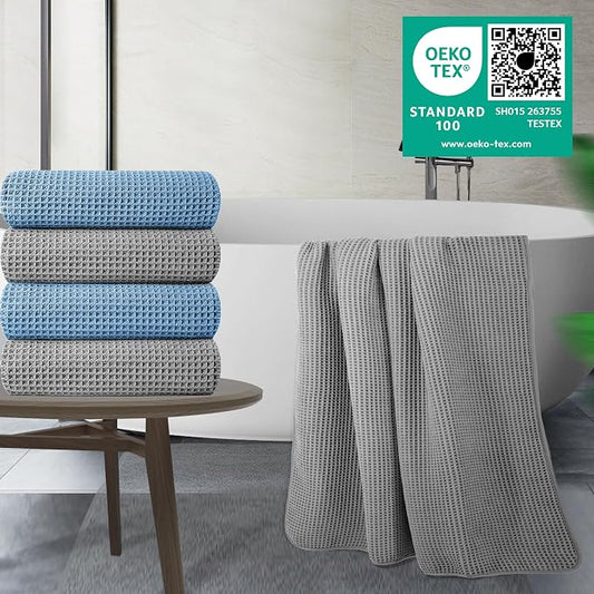 POLYTE 430 GSM Poly Blend Microfiber Quick Dry Waffle Bath Towel, 30x60 in | 4 Pack, Oversize, Lint Free, Body Towel