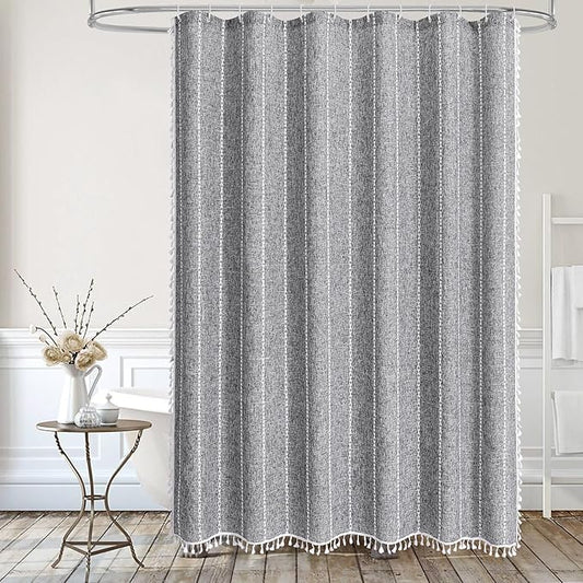 MitoVilla Boho Extra Long Shower Curtain 72 x 96, Darkgrey Modern Farmhouse 96 inch XL Polyester Linen Texture Tassel Fabric Shower Curtain Set with Hooks for Cottagecore Country Bathroom Decor