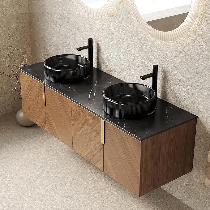 60" Double Sink Bathroom Vanity with Sink Combo, Floating Vanity with Vessel Sink, Wall-Mounted Plywood Bathroom Vanity Storage Cabinet with 4 Doors & 2 Glass Basin, Brown Oak