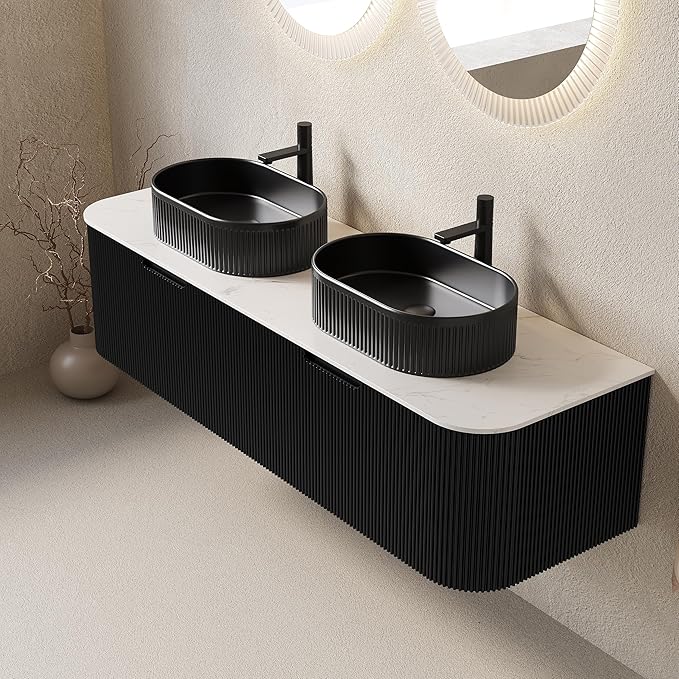 Yayzy 60" Floating Bathroom Vanity with Sink, Solid Wood Fluted Cabinet, Black Fluted Oval Ceramic Basin & Faux Marble Top, Soft-Close Drawer, Pre-Assembled, Gloss Black