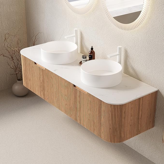 Yayzy 60" Floating Bathroom Vanity with Sink, Solid Wood Fluted Cabinet, White Round Ceramic Basin & Faux Marble Top, Soft-Close Drawer, Pre-Assembled, Natural Woodgrain