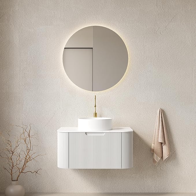 Yayzy 24" Floating Bathroom Vanity with Sink, Solid Wood Fluted Cabinet, White Round Ceramic Basin & Faux Marble Top, Soft-Close Drawer, Pre-Assembled, White