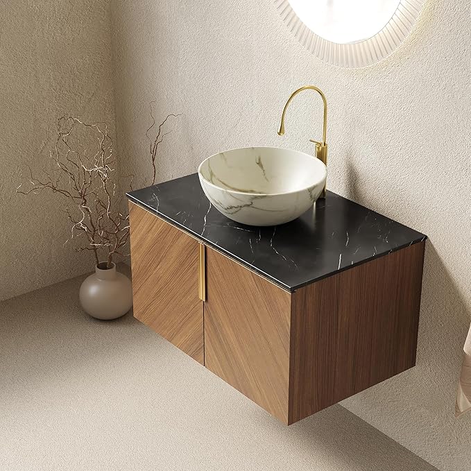 30" Floating Bathroom Vanity with Sink Combo, Modern Vanity with Vessel Sink, Wall-Mounted Bathroom Vanity Cabinet with Doors, Countertop and White Bowl Ceramic Basin,Brown Oak