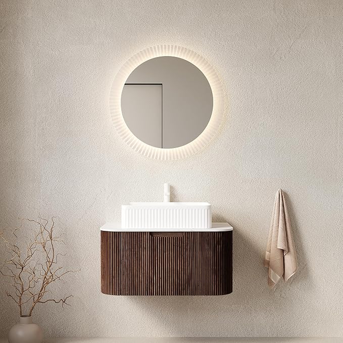 Yayzy 30" Floating Bathroom Vanity with Sink, Solid Wood Fluted Cabinet, White Fluted Square Ceramic Basin & Faux Marble Top, Soft-Close Drawer, Pre-Assembled, Walnut Woodgrain