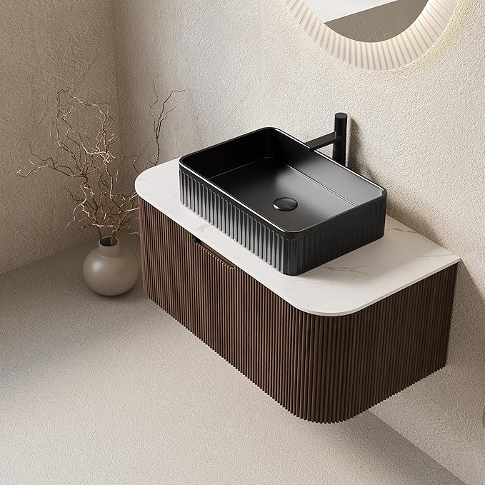 Yayzy 36" Floating Bathroom Vanity with Sink, Solid Wood Fluted Cabinet, Black Fluted Square Ceramic Basin & Faux Marble Top, Soft-Close Drawer, Pre-Assembled, Walnut Woodgrain