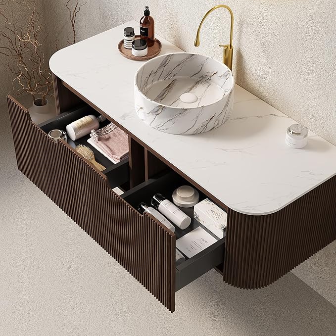 LKTART 48 Inch Floating Bathroom Vanity with Sink, Modern Wall Mounted Bathroom Storage Cabinet with Drawer, Stone Pattern Round White Ceramic Sink Top and Marble Texture Top, Walnut